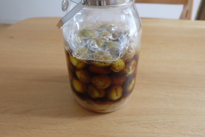 ラップで蓋した梅シロップの瓶